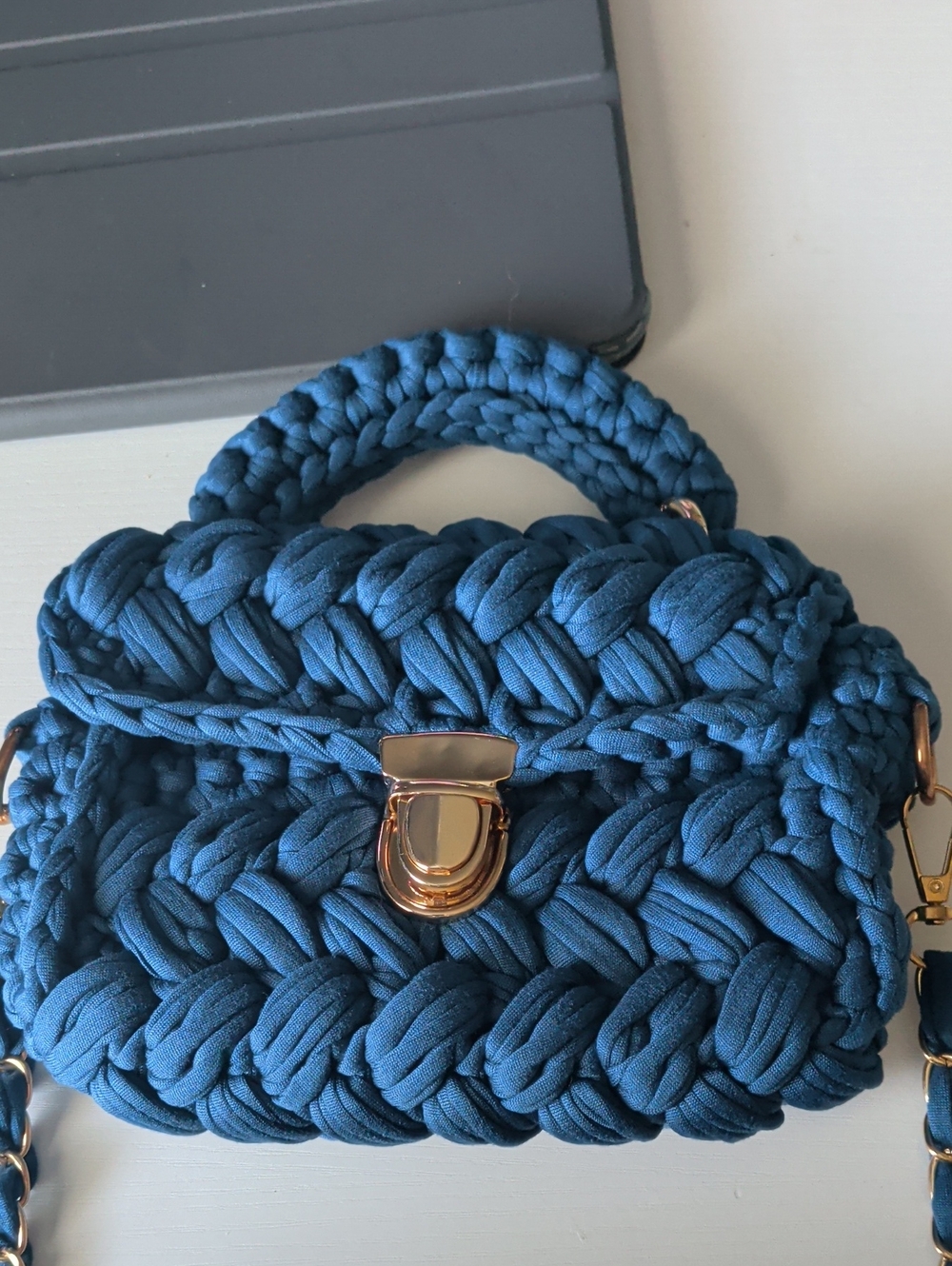 Handmade Braided Blue Shoulder Bag with Gold Hardware